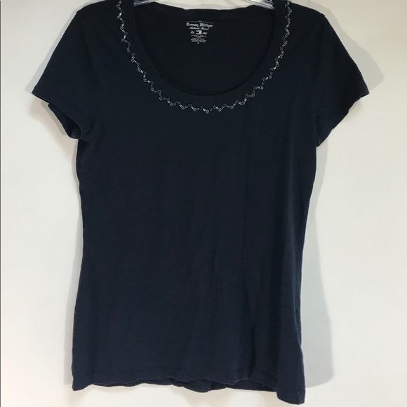 Tommy Hilfiger Tee Shirt Beaded Short Sleeve  Navy Womens size Medium - Picture 1 of 5